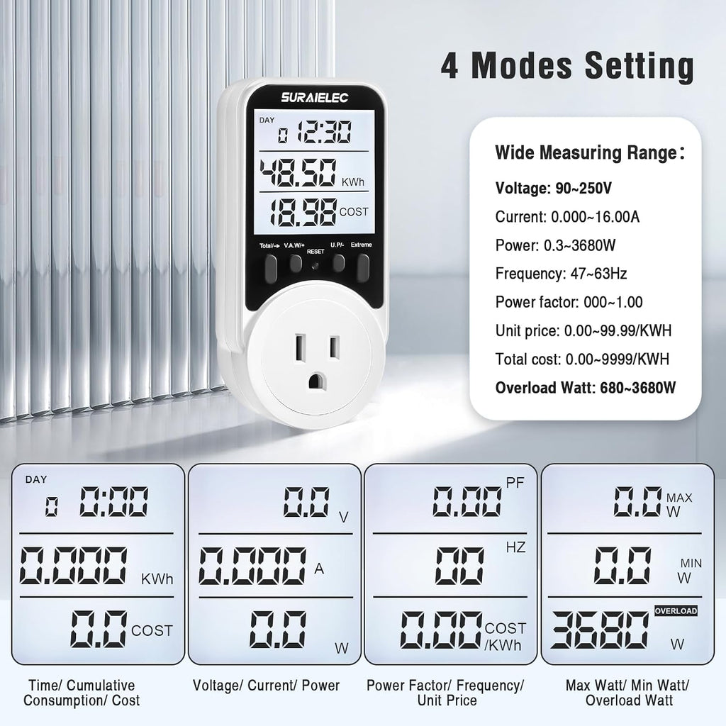 SURAIELEC Outlet Watt Meter, 90-250V Wide Range Power Meter Cost Calculator