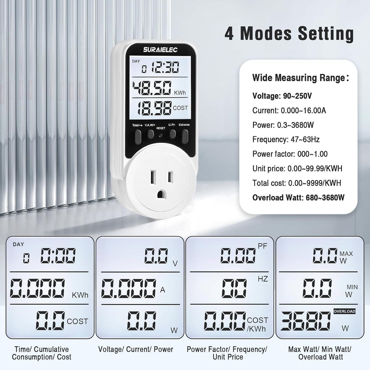 SURAIELEC Outlet Watt Meter, 90-250V Wide Range Power Meter Cost Calculator