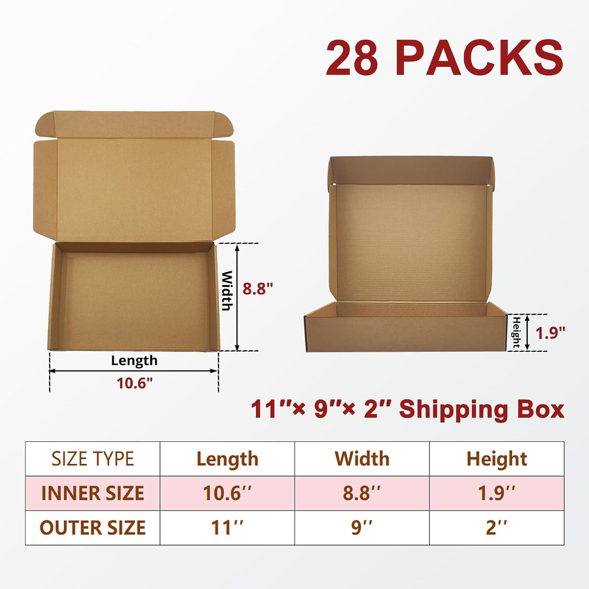 Brown Shipping Boxes 11x9x2 Inches 28 Pack, Corrugated Packaging Mailers