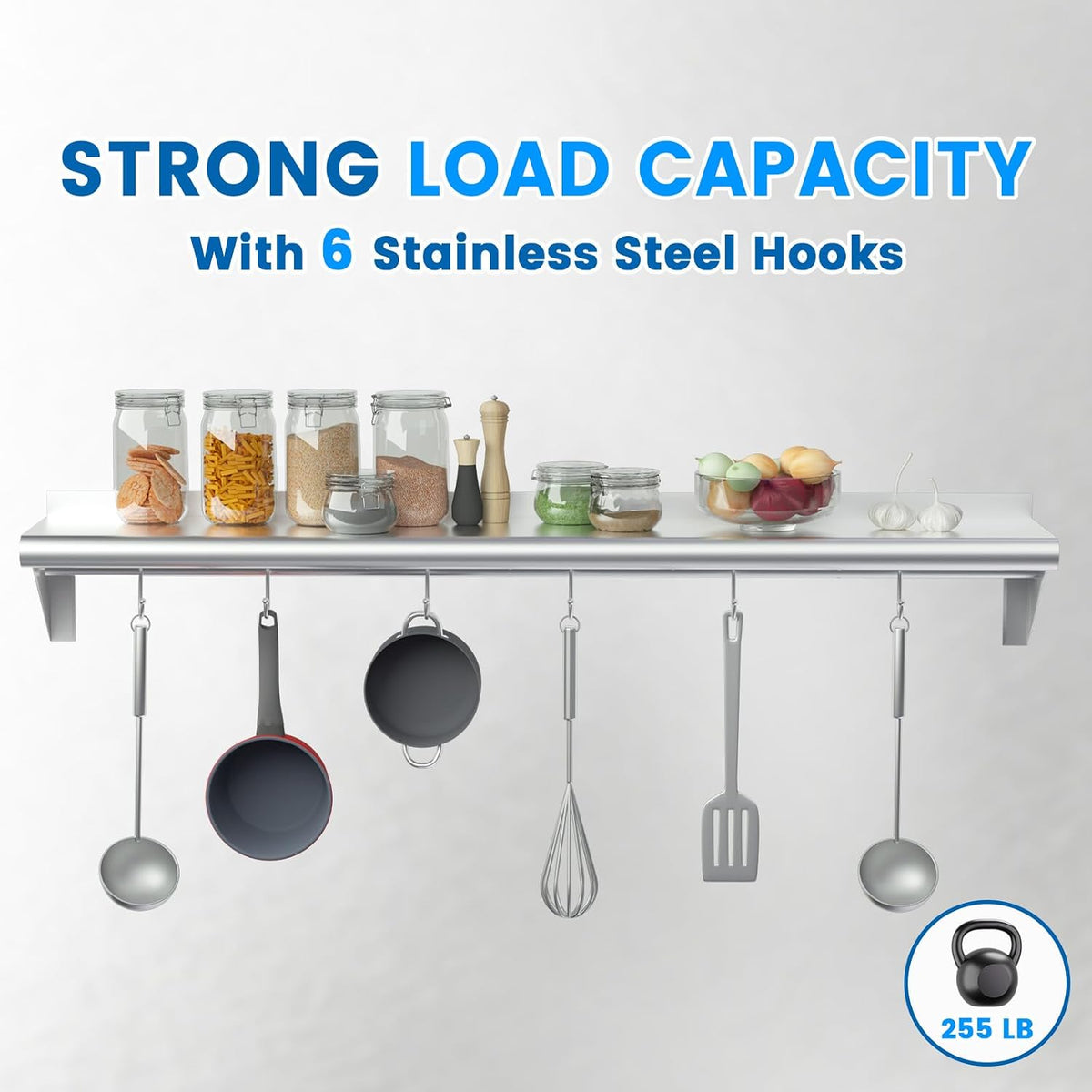 Stainless Steel Shelf with 6 Hooks 12" x 48" Commercial Pot Rack