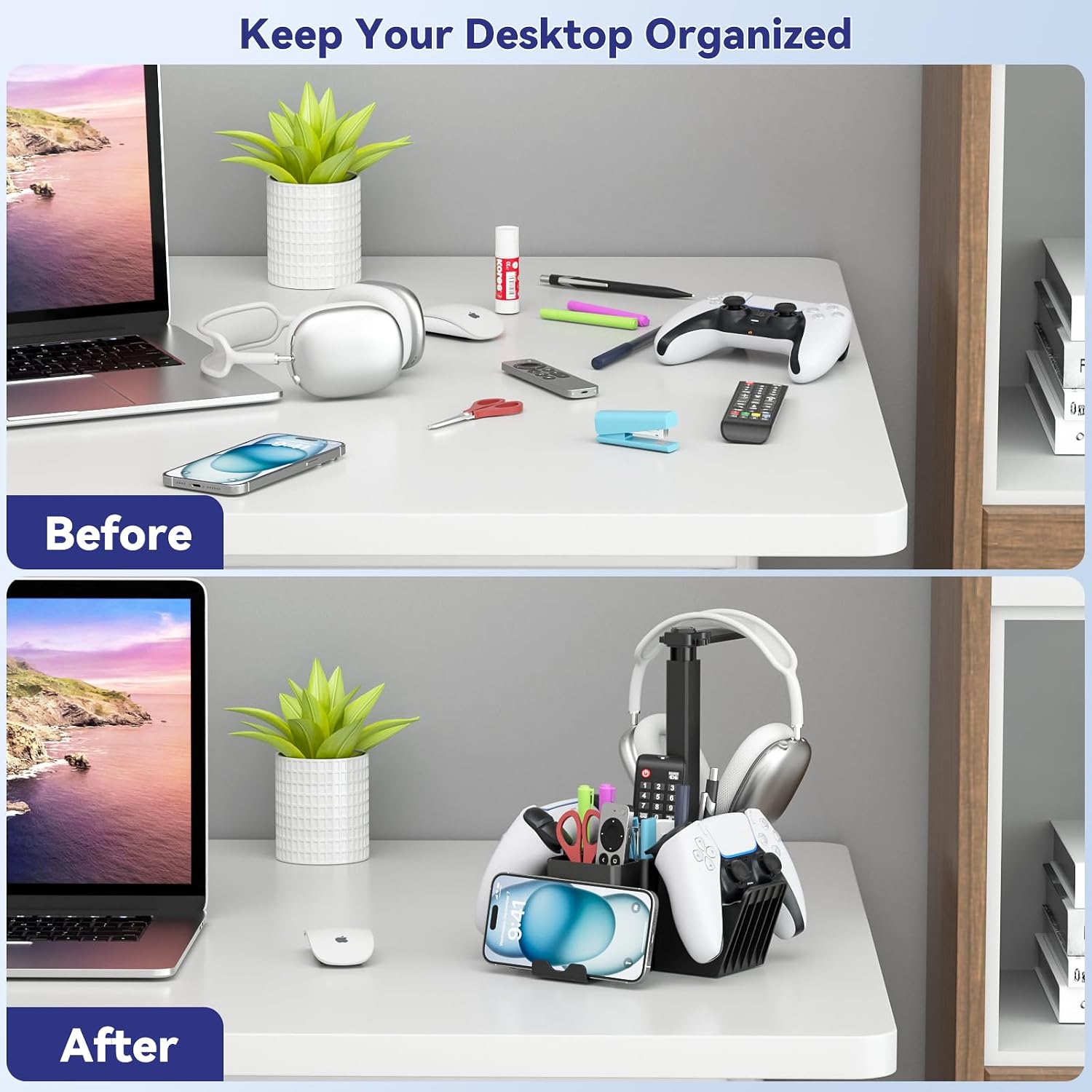 Dual Controller Holder with Headphone Stand - Multi-Functional Desk Storage Box with Phone Holder - Universal