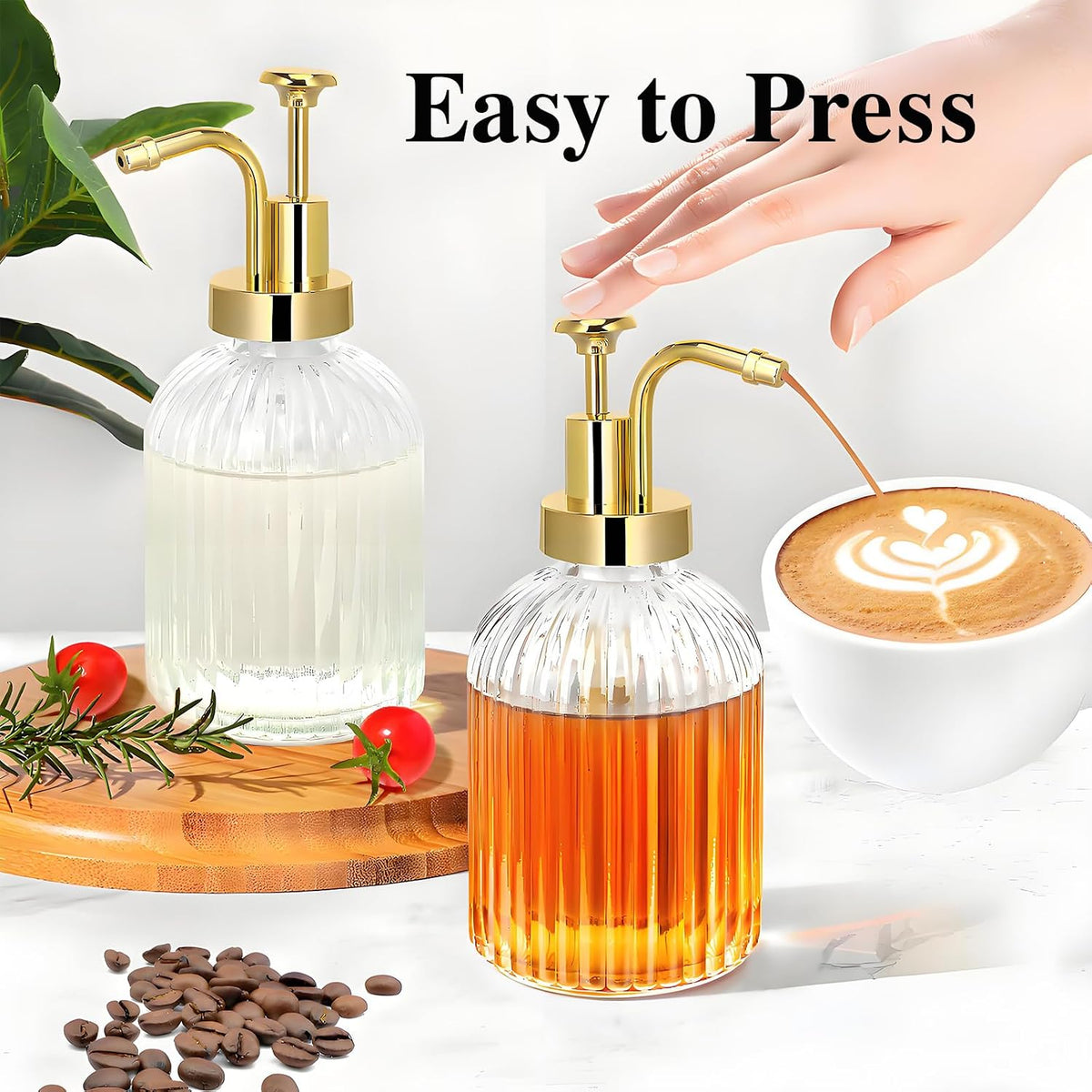 Glass Coffee Syrup Dispenser 10oz, Syrup Bottles with Ribbed Design, Gold Syrup Pump, Coffee Bar Accessories, Honey