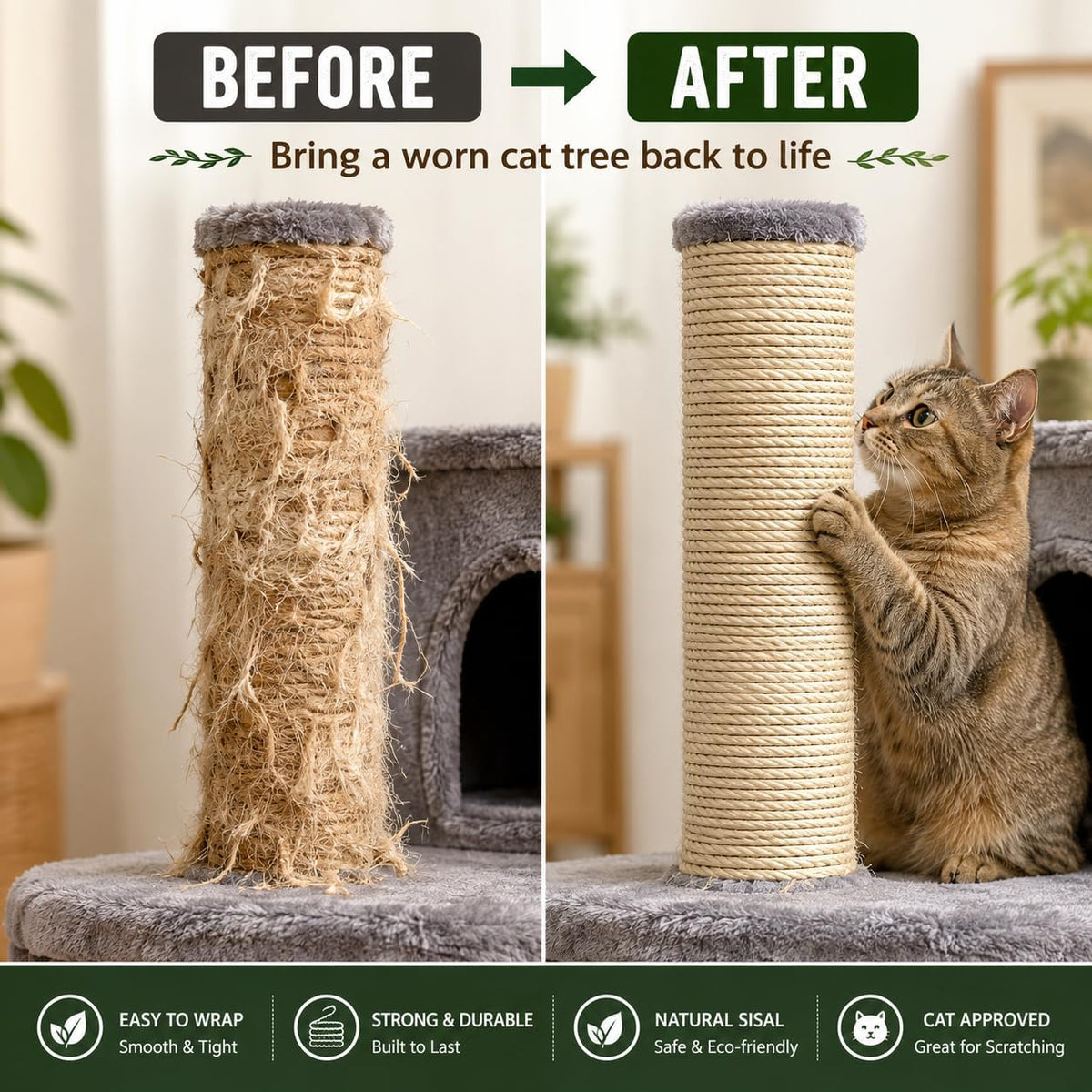 Sisal Rope for Cat Scratching Post 6mm (1/4 Inch) x 100FT Twine