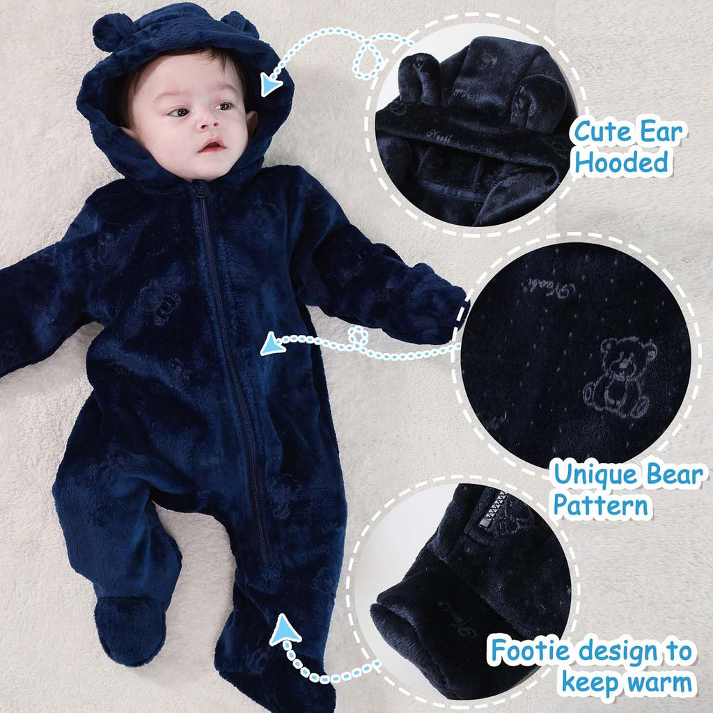 Newborn Baby Bear Suit Thin Fleece Footie Romper Snowsuit Hooded Jumpsuit Bodysuit Winter Clothes Boy Girl 0-12M