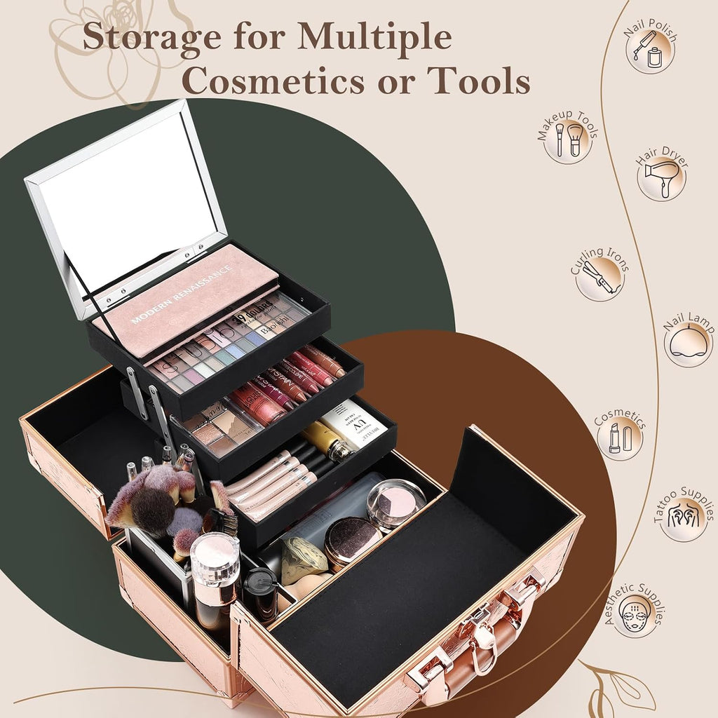 Makeup Case 11.8 Inch Makeup Organizer Case Large Cosmetic Box with Mirror Portable 3 Trays Travel Storage Box for