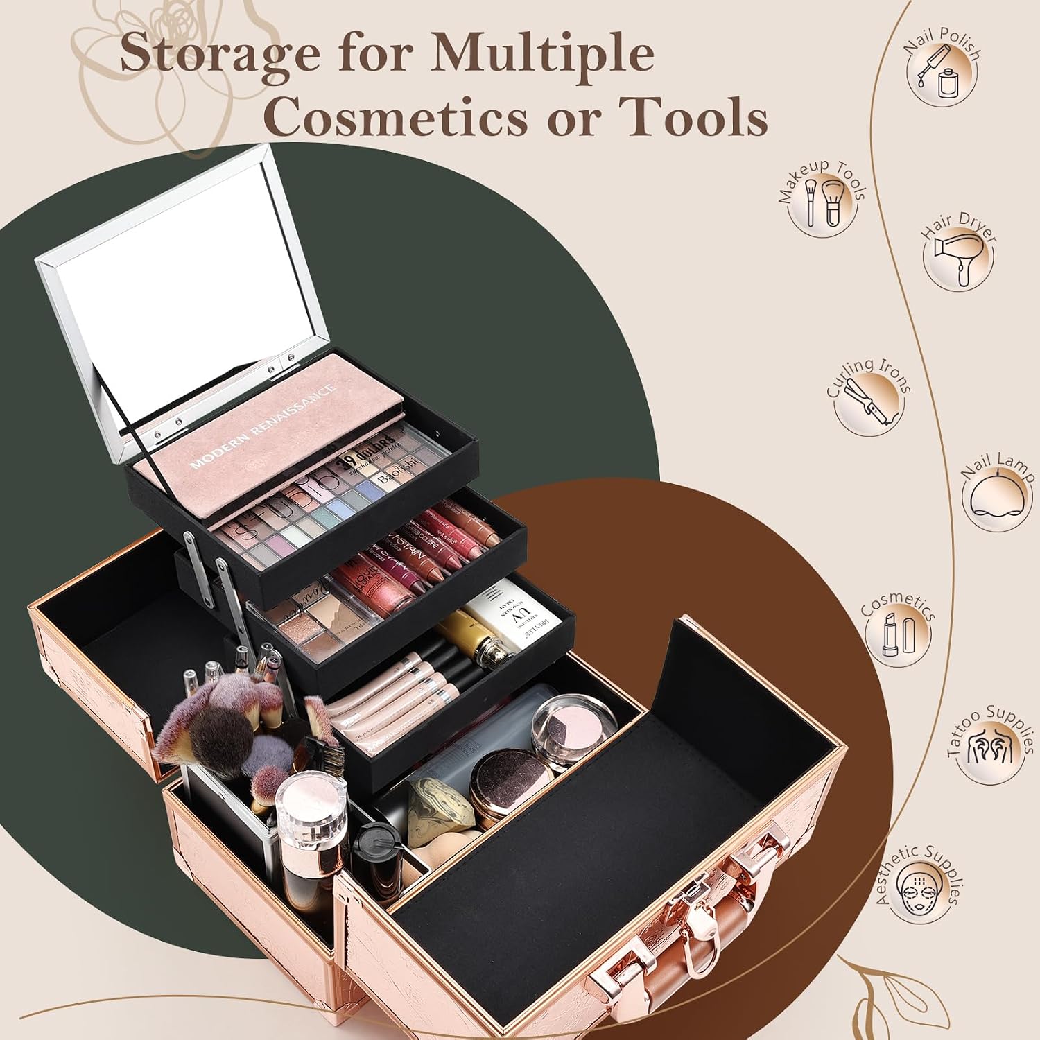 Makeup Case 11.8 Inch Makeup Organizer Case Large Cosmetic Box with Mirror Portable 3 Trays Travel Storage Box for