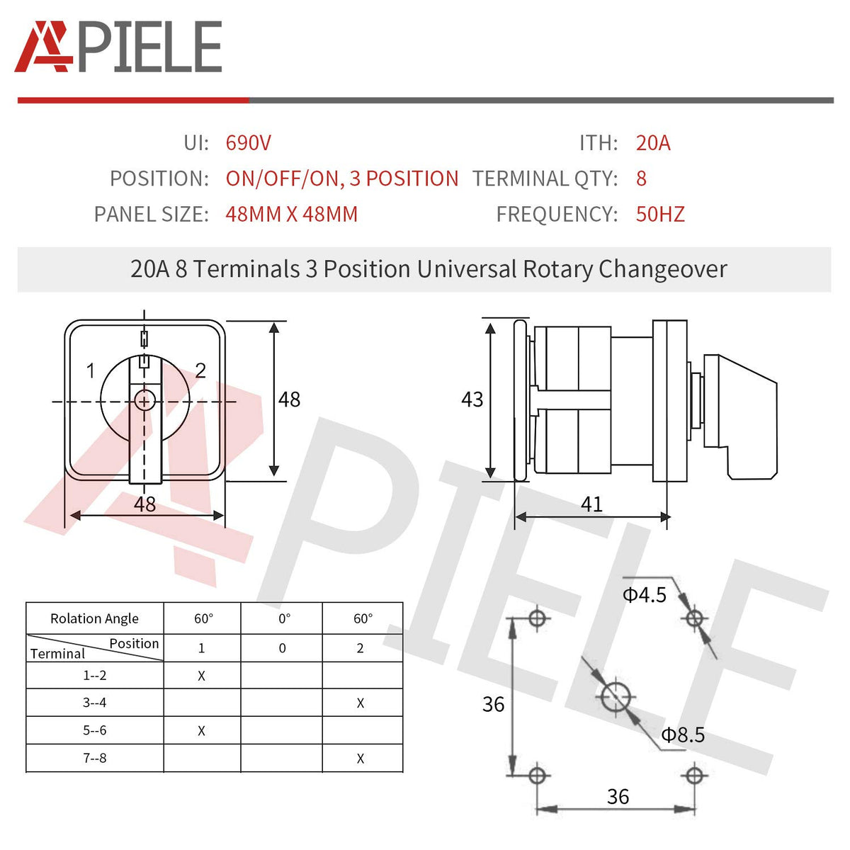 APIELE Changeover Selector Switch 3 Position 440V Universal Rotary Cam Selector (20A 8 Terminal)