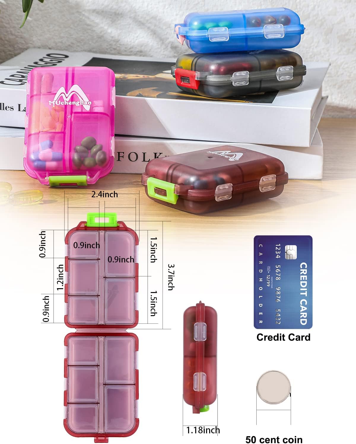 4PS Travel Pill Organizer with 164 Slice Labels，10 Compartments Travel Pill Box Portable Folding Small Pill Case
