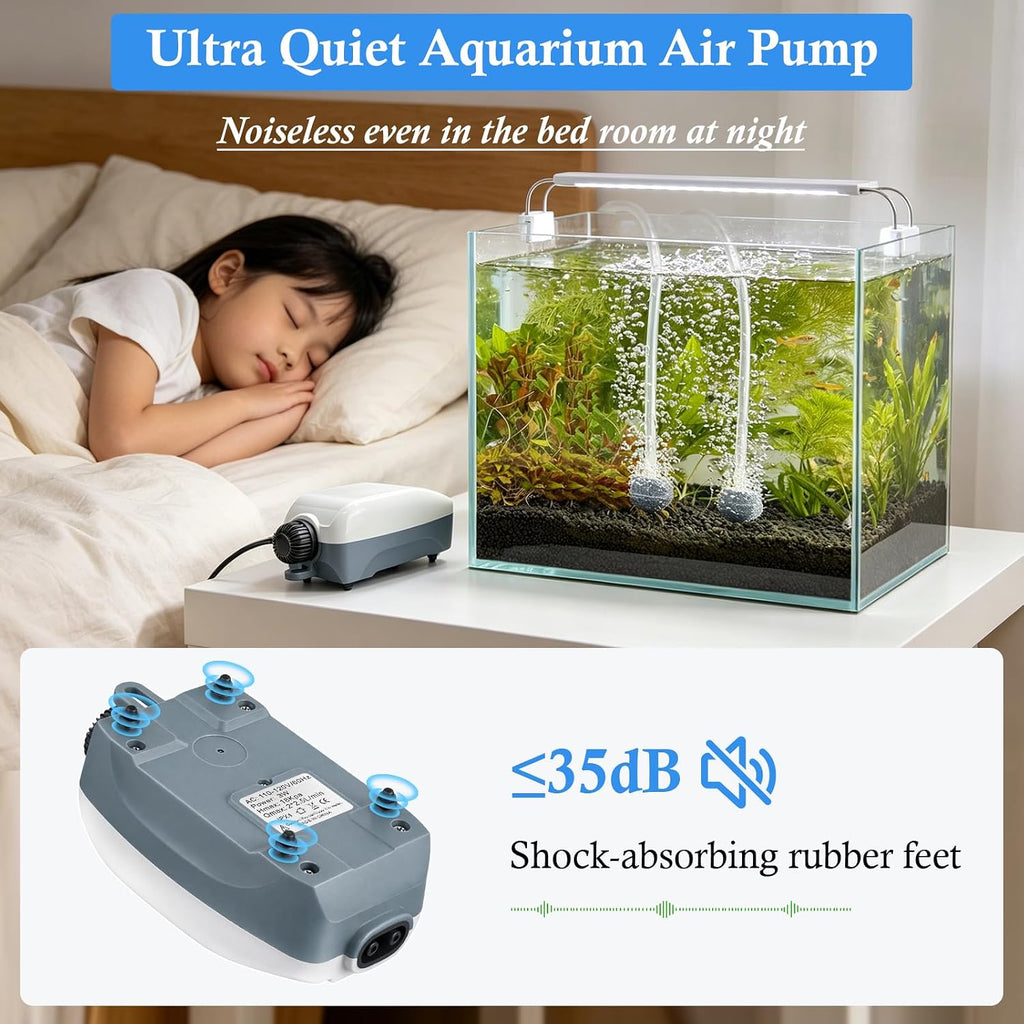 Dual Outlet Aquarium Electric Air Pump, Whisper Adjustable Fish Tank Aerator, Quiet Oxygen Pump with Accessories for
