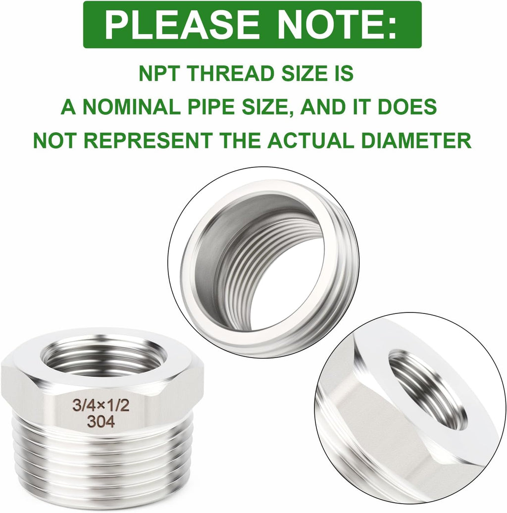 TAISHER 5PCS 304 Stainless Steel New Reducer Hex Bushing, 3/4" NPT Male x 1/2" NPT Female, Reducing Pipe Adapter Fitting