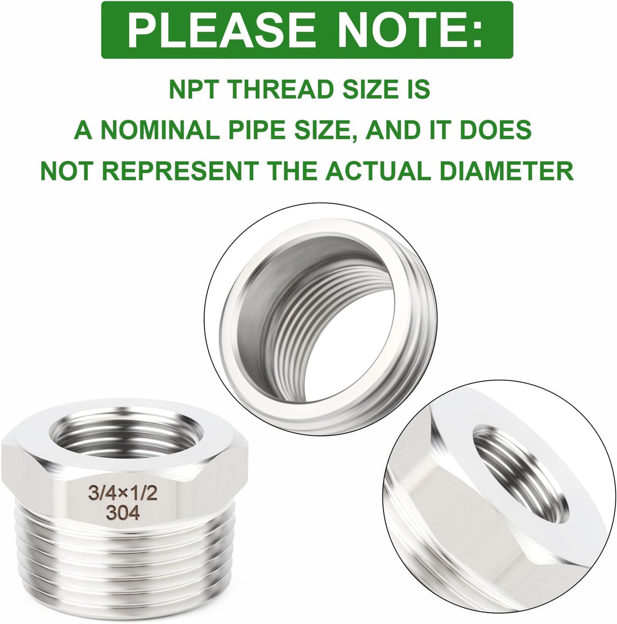 TAISHER 5PCS 304 Stainless Steel New Reducer Hex Bushing, 3/4" NPT Male x 1/2" NPT Female, Reducing Pipe Adapter Fitting