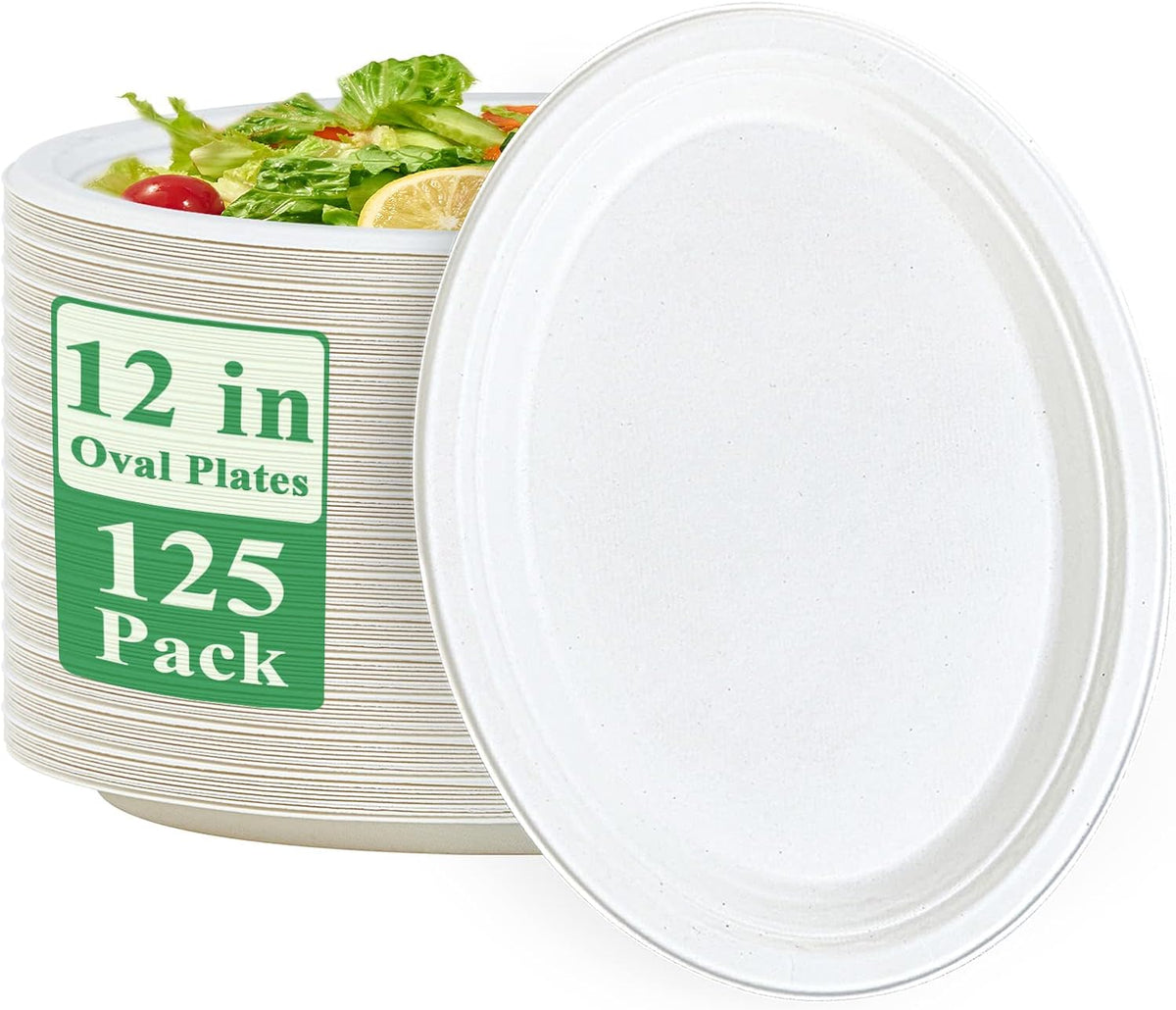 100% Compostable Oval Paper Plates 12 inch 125 Pack, White