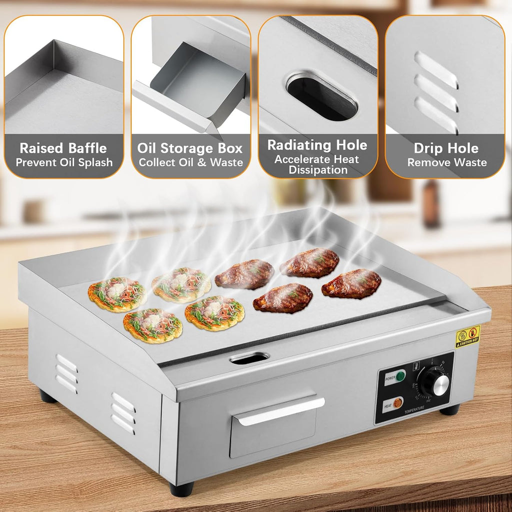 21 Inch Commercial Electric Griddle - 1600W Stainless Steel Flat Top Teppanyaki Grill - Non-Stick, Adjustable Temp