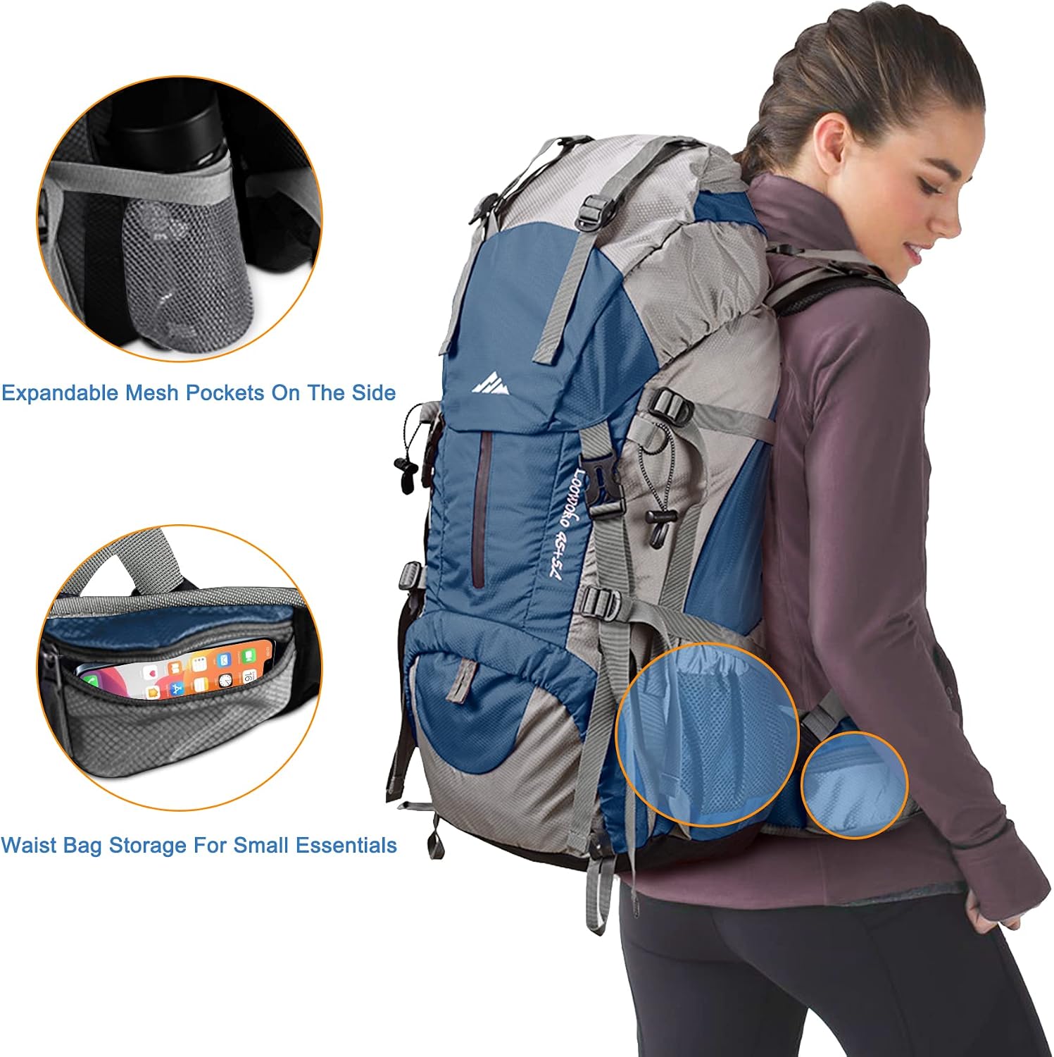 50L Hiking Backpack, Waterproof Camping Essentials Bag with Rain Cover, 45+5 Liter Lightweight Backpacking Back Pack