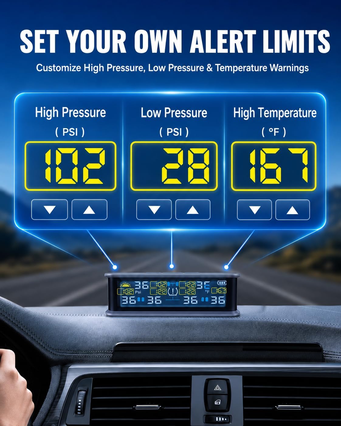 RV TPMS Tire Pressure Monitor, 6 Sensors, 0-144 PSI, Solar Display | Custom alerts, color screen, USB rechargeable