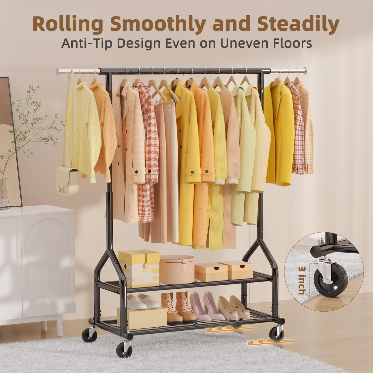 Heavy Duty Clothes Rack Load 556 LBS, Rolling Clothing Rack With Shelves, Height Adjustable Metal Clothes Hanger with