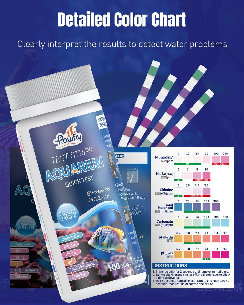 100 Pcs Aquarium Test Strips 6 in 1 Digital Water Testing Kit, Fish Tank Testing Strips for pH Nitrate Nitrite