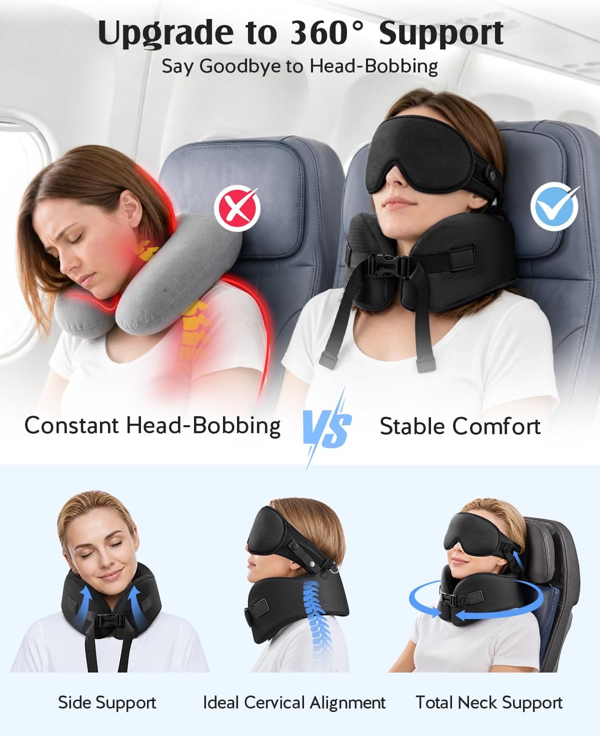 Travel Pillow for Women Airplane, Patented 360° Ergonomic Sleeper Hold Head Support System with Memory Foam Neck