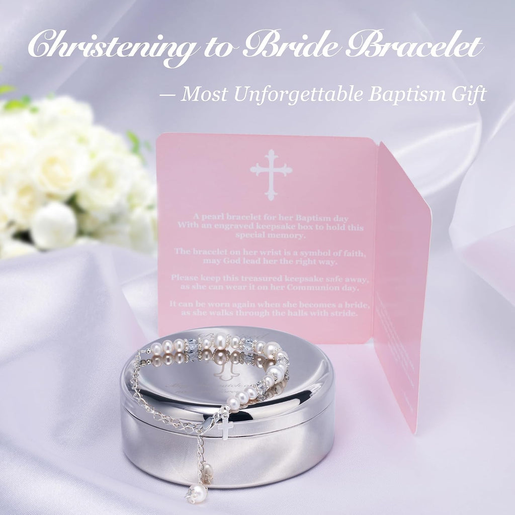 Baptism Bracelet in 925 Sterling Silver and Cultured Pearls for Baby Girls, Comes with a Unique Silver-plated Jewelry