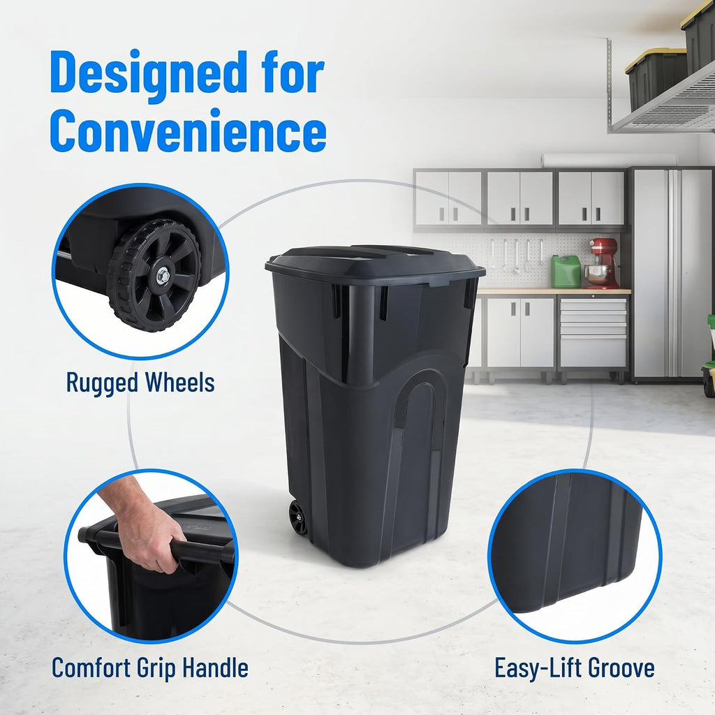 32 Gallon Outdoor Trash Can with Lid and Wheels, Wheeled Garbage Bin, Black | 32 Gallon Outdoor Trash Bin, Wheeled