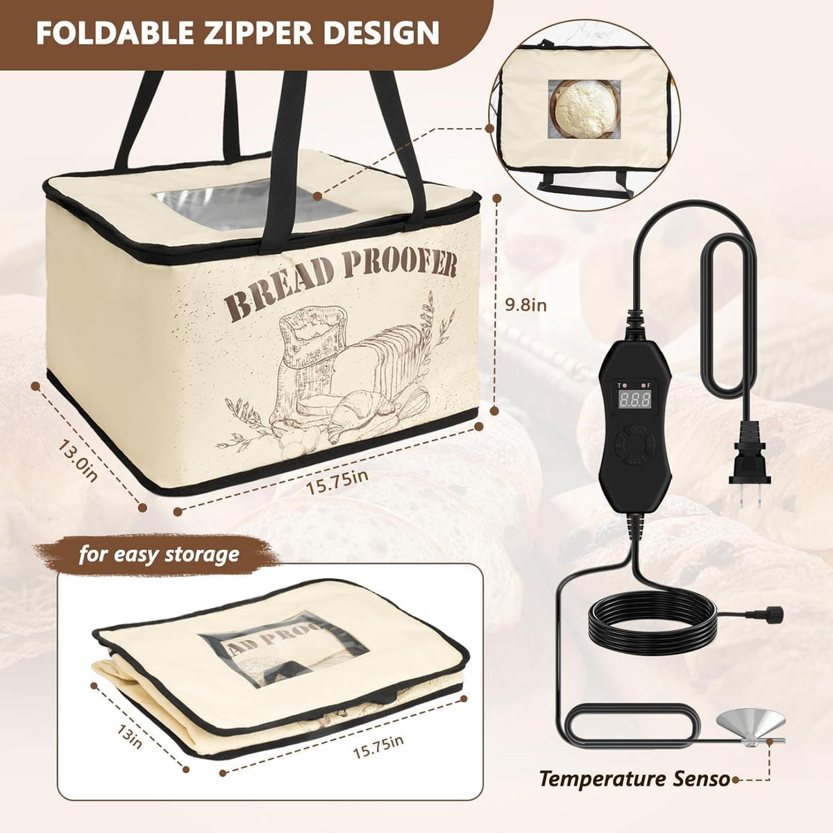 Bread Proofing Box,Folding Dough Proofing Warming Box with 50-113℉ Temp Control & 12h Timer, Proofer Oven for