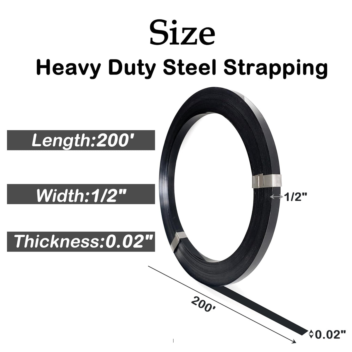 Black Steel Strapping Coil, 1/2" x 200ft Portable Pallet Banding