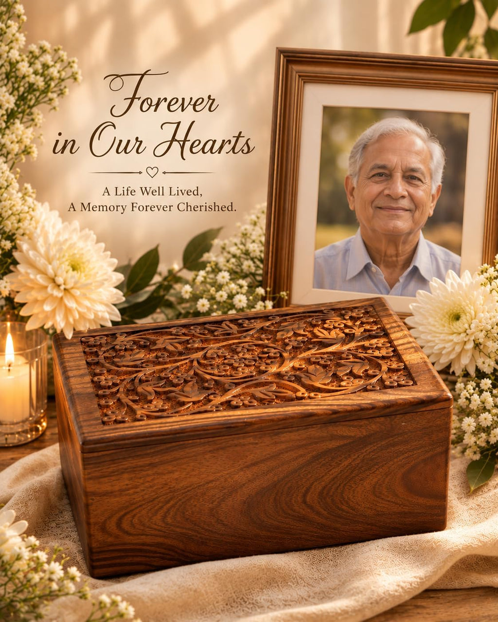 Floral Engraved Handcarved Cremation Urns For Human Ashes Adult Male Female Wooden Decorative Urn Burial Casket For
