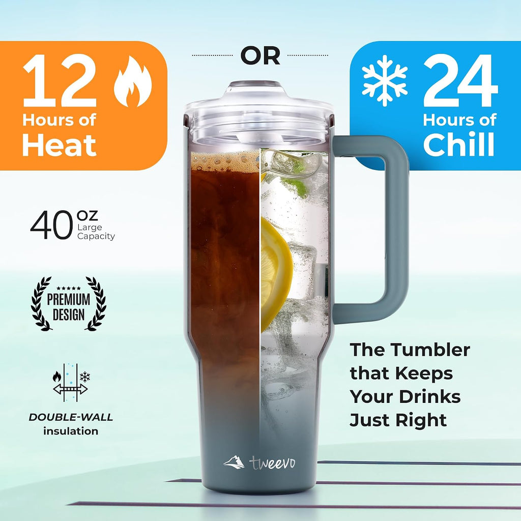 40 oz Tumbler With Handle and Straw Made of Stainless Steel - Double Wall Vacuum Insulated Tumbler With Lid - Sweat