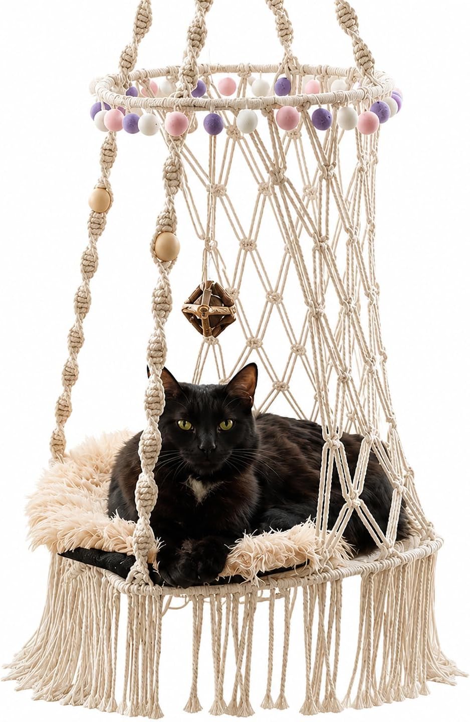 Cat Hammock Macrame Hanging Bed for Large Cats - 50lbs Heavy Duty Cat Swing Wall Mounted Boho Window Perch - Hardware