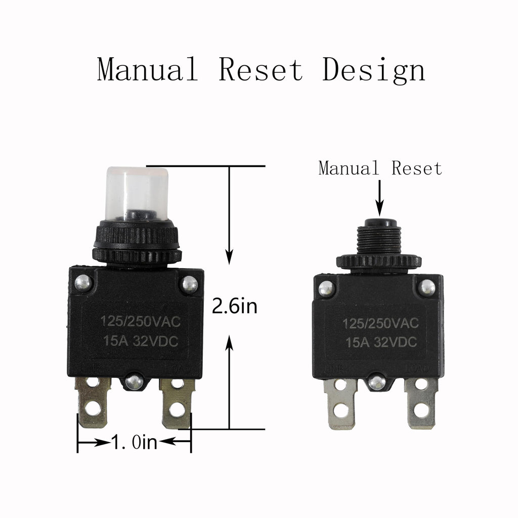 Tiwerlfe 5pcs Push Button Reset 5A 10A 15A 20A 30A Circuit Breakers with Automatic Reset 32VDC,AC125-250V with Quick Connect Terminals
