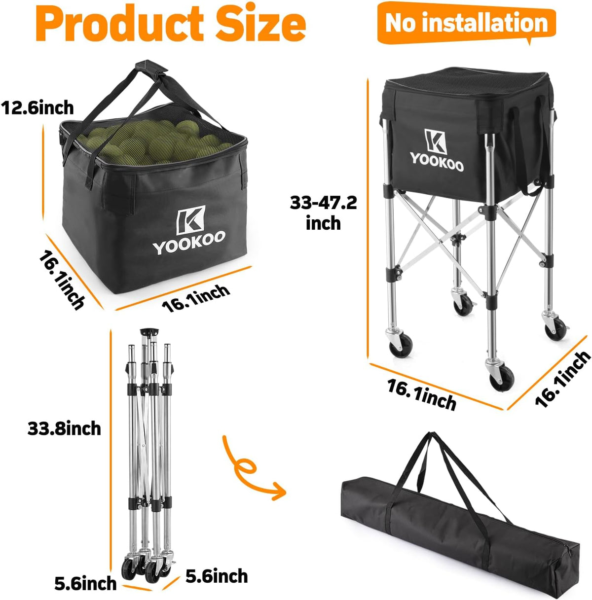 Tennis Ball Hopper for 200 Balls, Tennis Basket with Black Bag