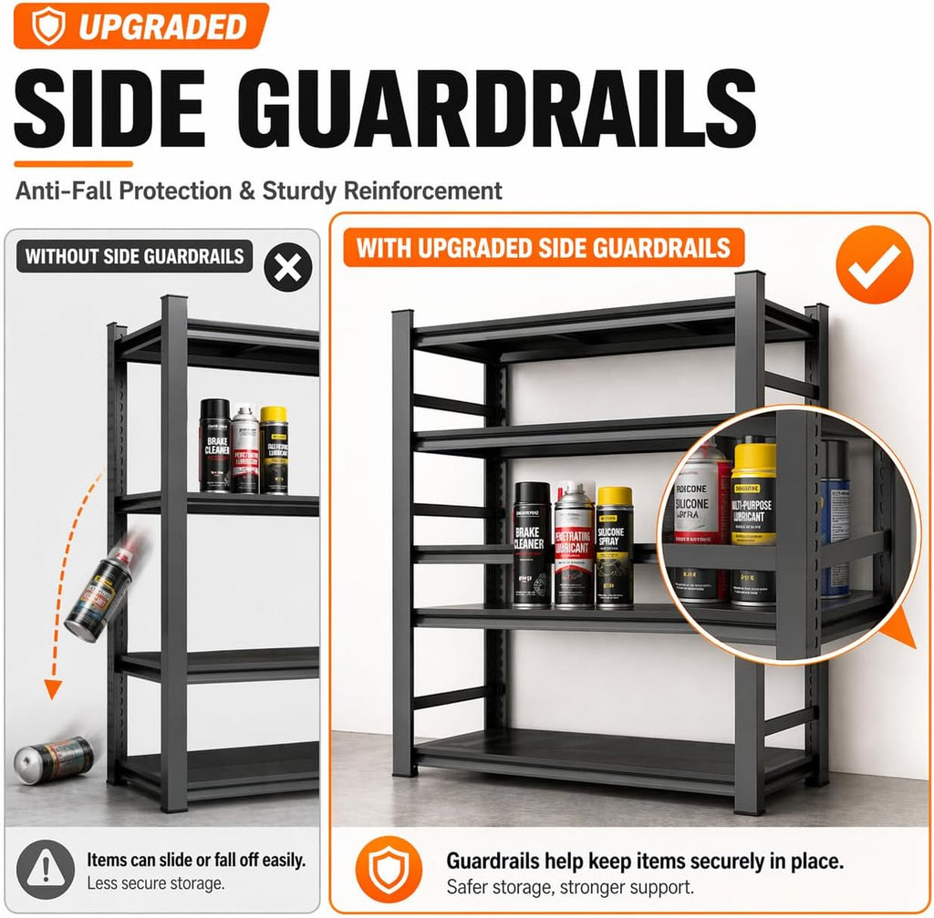 Upgrade 72" H Garage Shelving Unit, 3500LBS Heavy Duty 5-Tier Metal Storage Shelves with Anti-Fall Rails, Adjustable