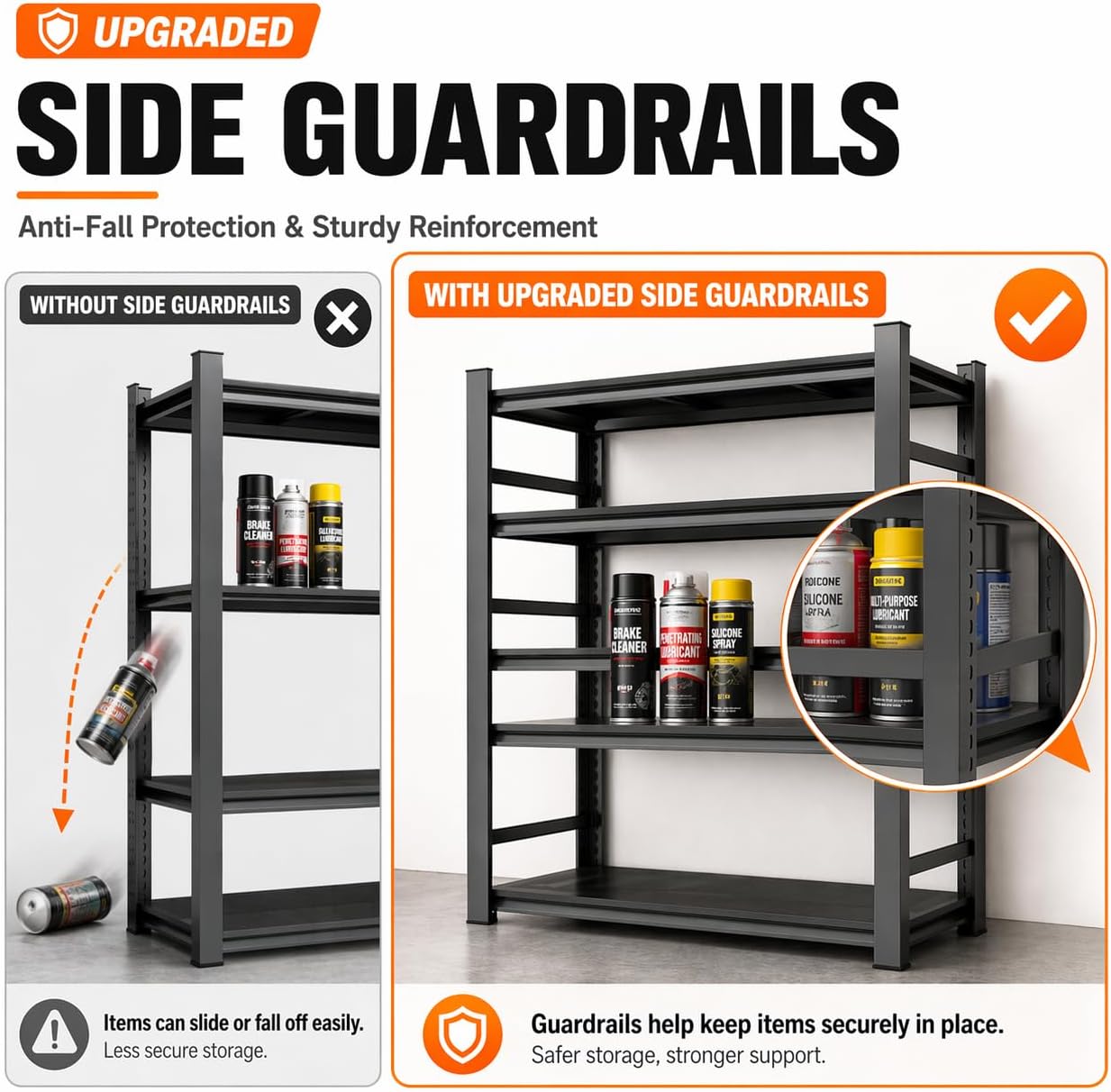 Upgrade 72" H Garage Shelving Unit, 3500LBS Heavy Duty 5-Tier Metal Storage Shelves with Anti-Fall Rails, Adjustable