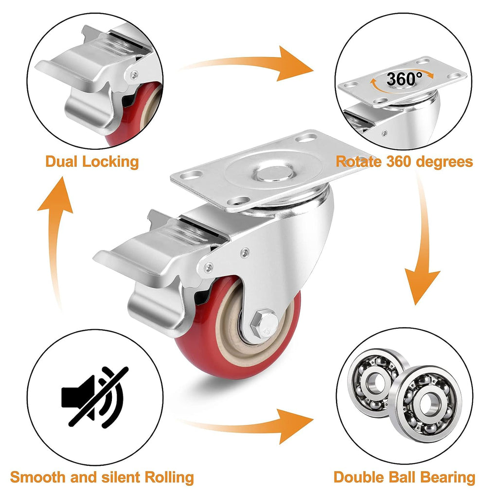 3 Inch Industrial Heavy Duty Swivel Caster Wheels with Brake,Set of 4 Safety Locking Casters,Load 1600lbs,Premium