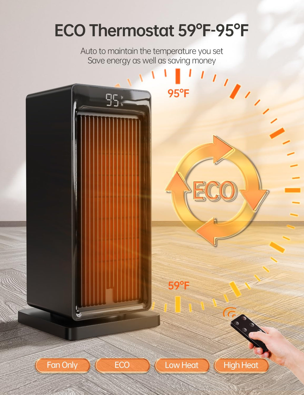 Space Heater, 1500W PTC Electric Heater,4 Modes,for Indoor Use