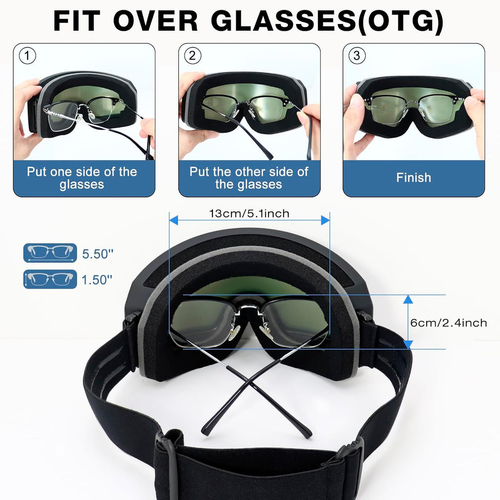 OTG Ski Goggles, Anti-Fog Snowboard Goggles for Men Women Youth | UV Protection Windproof helmet compatibility