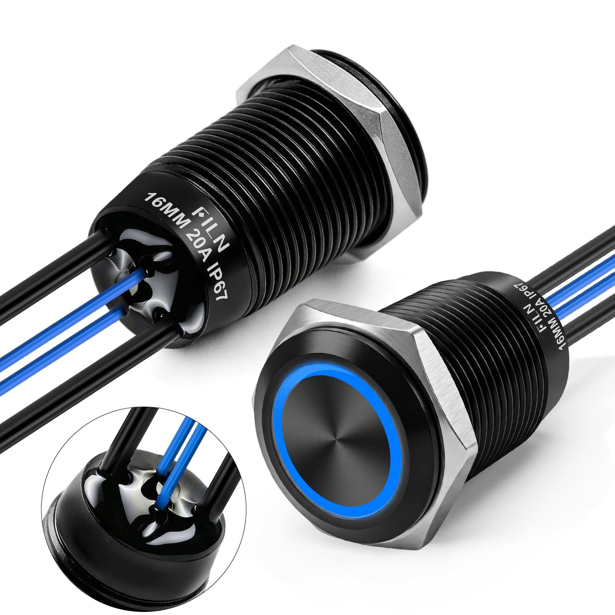 FILN 2PCS 20A 16mm Latching Push Button Switch 12V-24VDC IP67 Black Shell