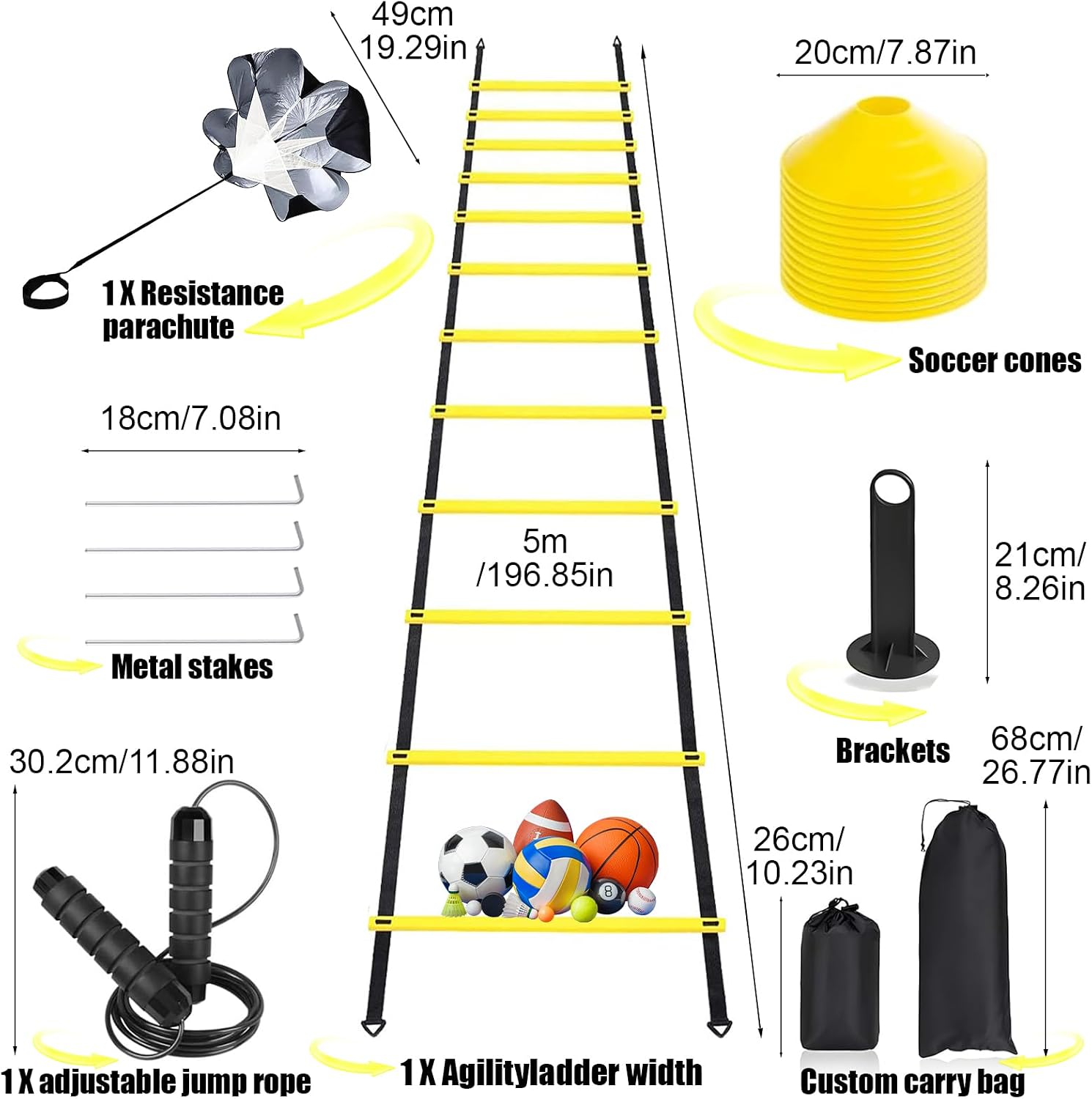 Agility Ladder,Speed Training Equipment Set,20ft Rungs Speed Ladder,Soccer Cones,Jump Rope, Running Resistance