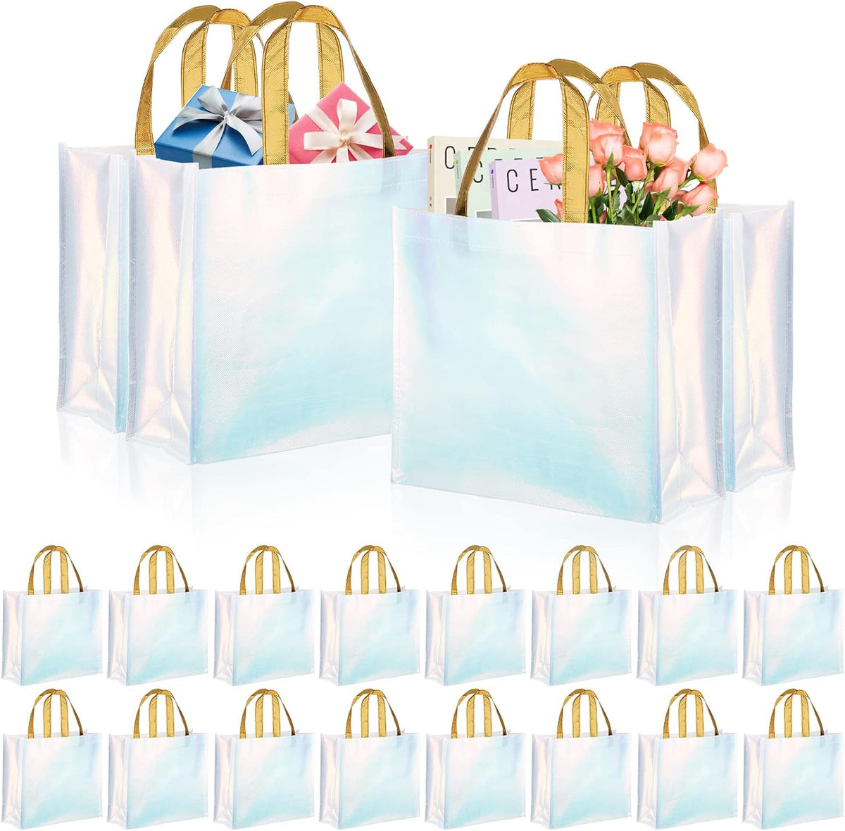 20 Pieces Glossy Reusable Grocery Bag, Blue Gift Bag with Handle
