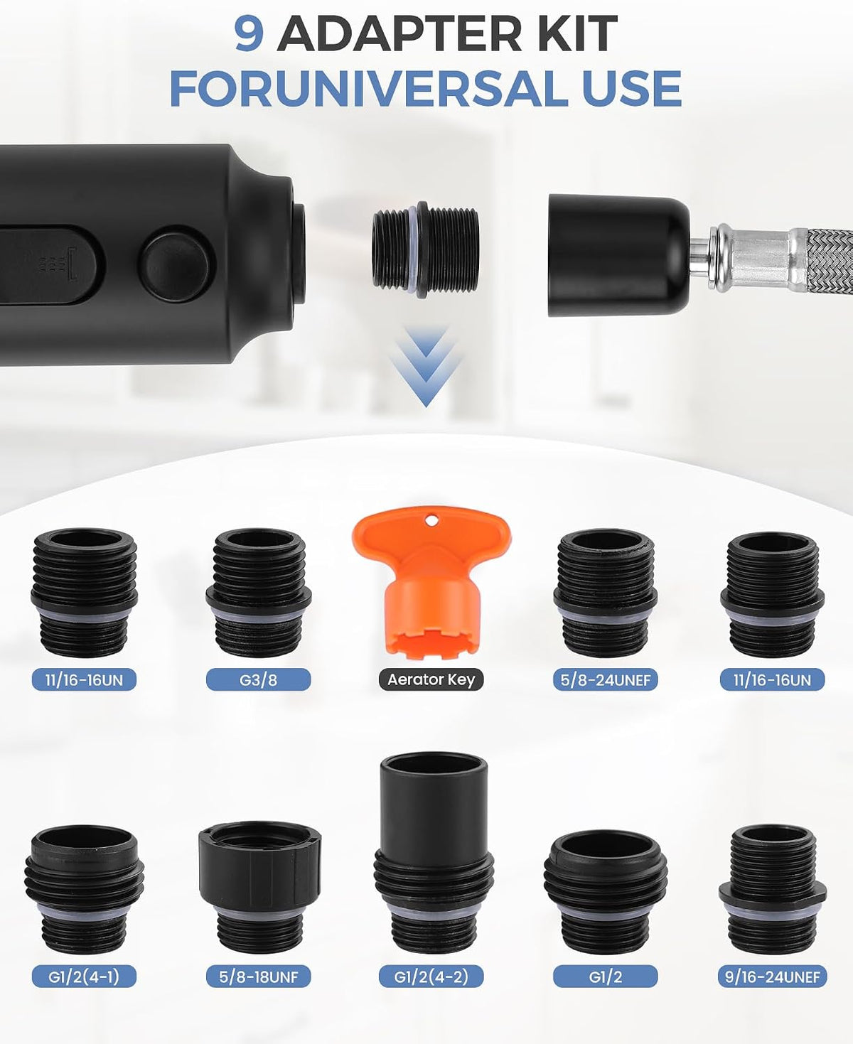 Pull Down Faucet Sprayer Head Replacement, Black 3 Function Pull Out Spray Head Nozzle with 9 Adapters for Kitchen