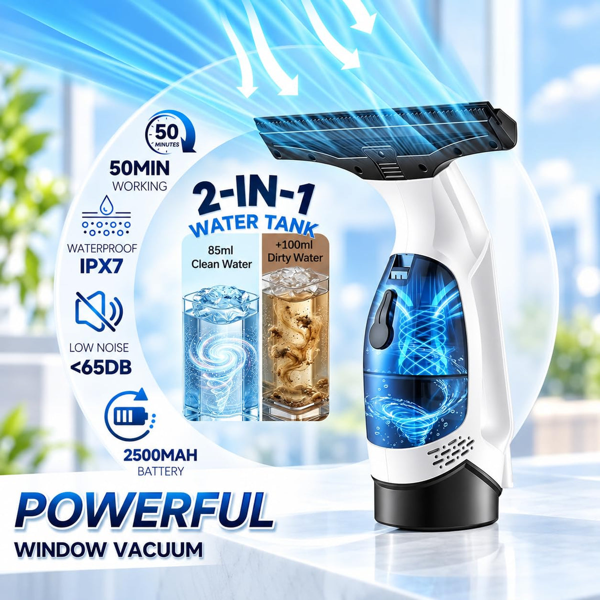 Window Vacuum Squeegee Cordless, 2000Pa Electric Window Cleaner