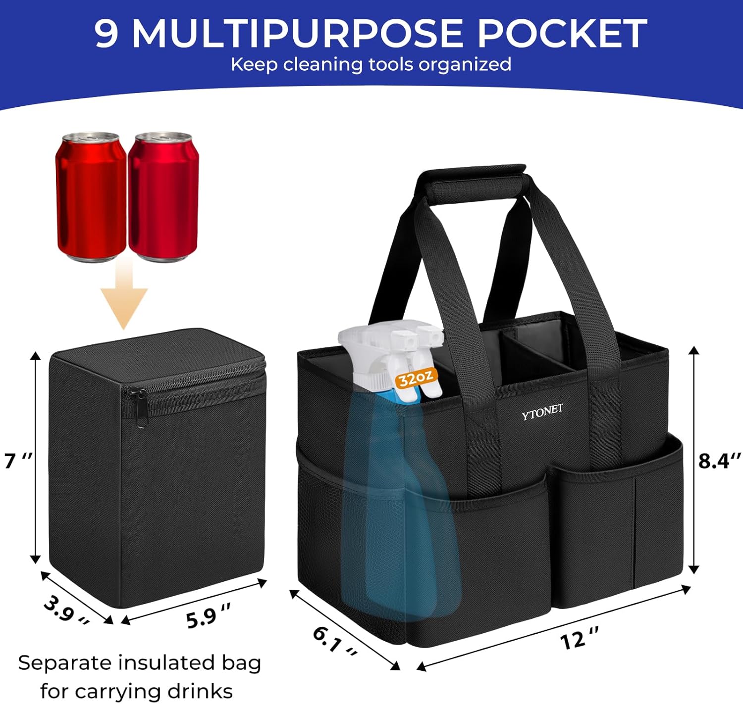 Cleaning Caddy, Water Resistant Cleaning Supplies Organizer with Handle & Foldable Divider for Cleaners, Housekeeping