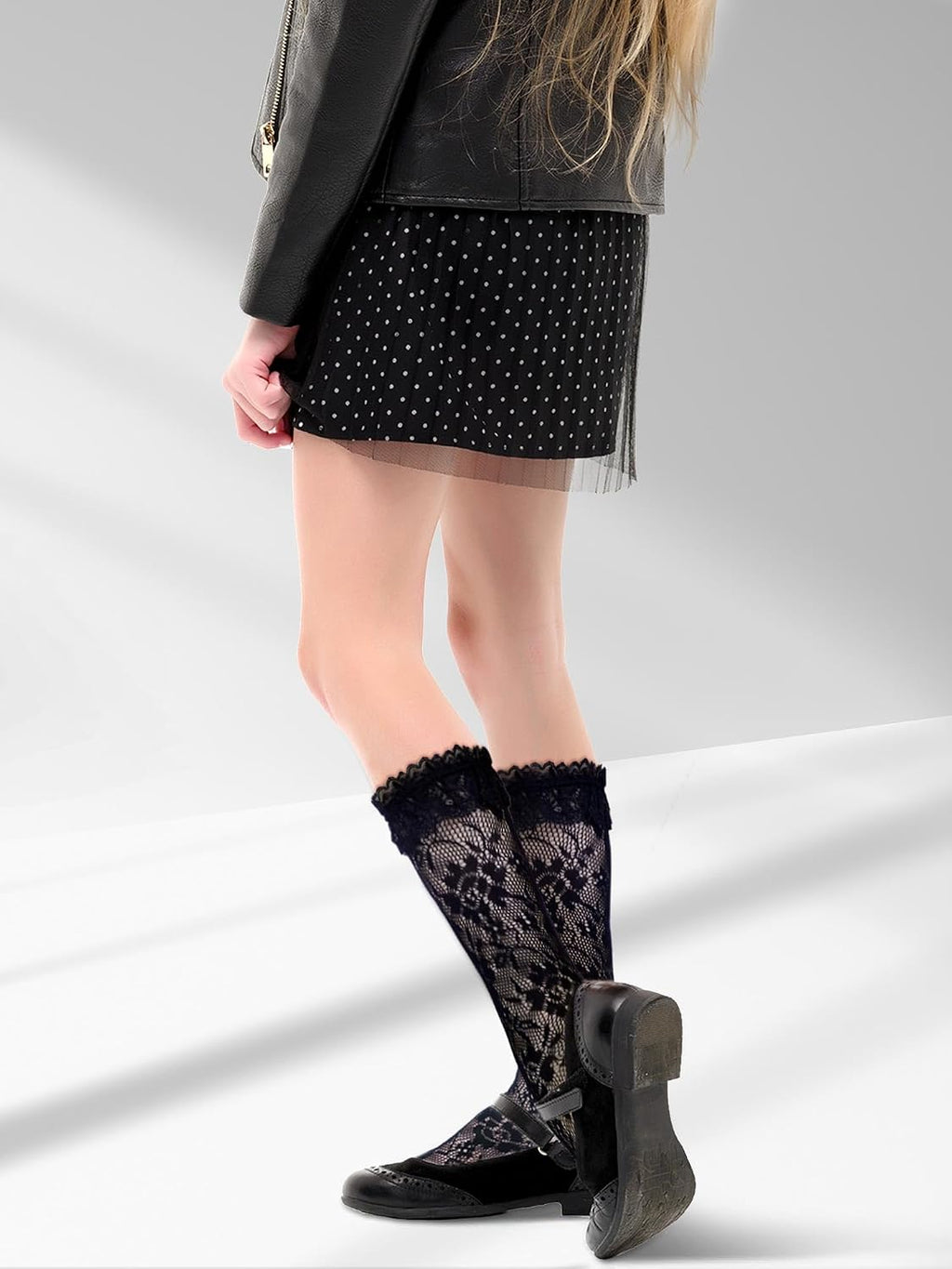 4 Pairs Little Girl Knee High Socks Kids Lace Long Socks with Ruffle Stocking for The First Communion 5-12 Years Old
