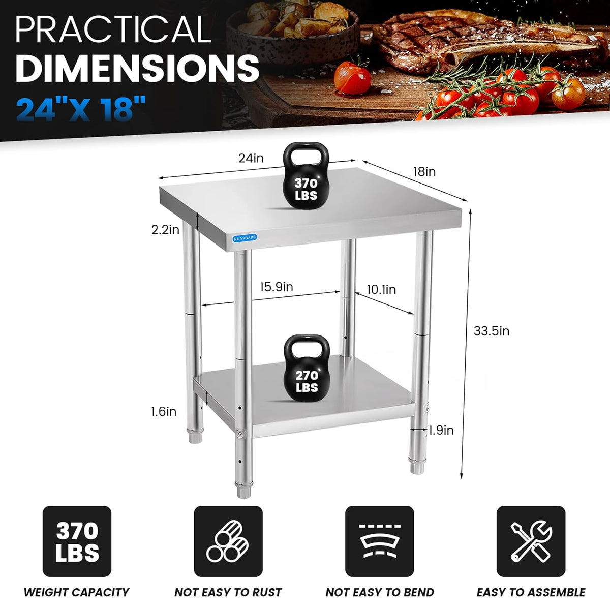 Stainless Steel Table for Prep & Work with Undershelf 18 x 24 Inches NSF Metal Commercial Kitchen Prep Table with