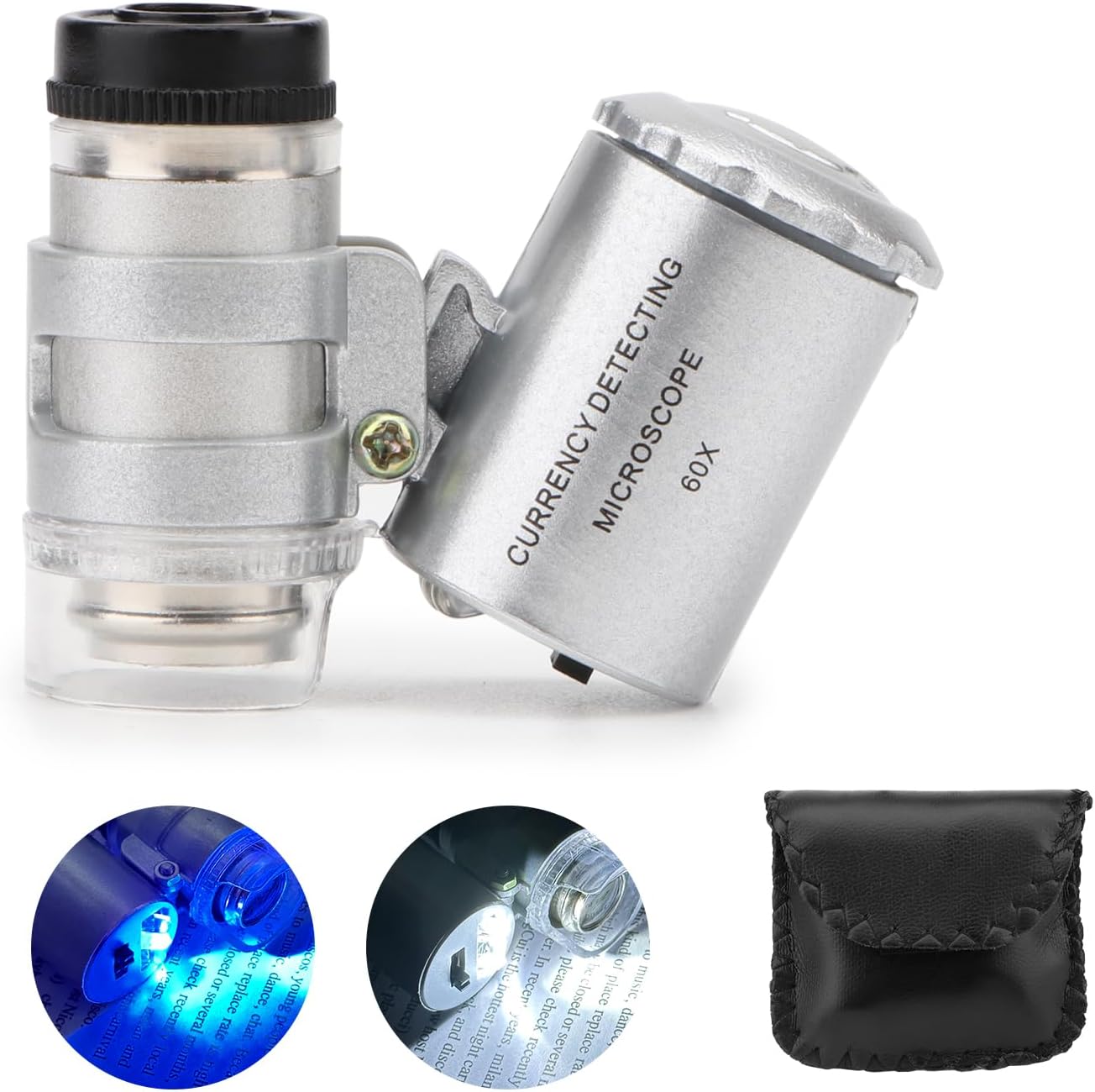 60X Mini Illuminated Microscope Pocket Magnifier Portable Jewelers Loupe | Pocket microscope with led ＆ uv & leather