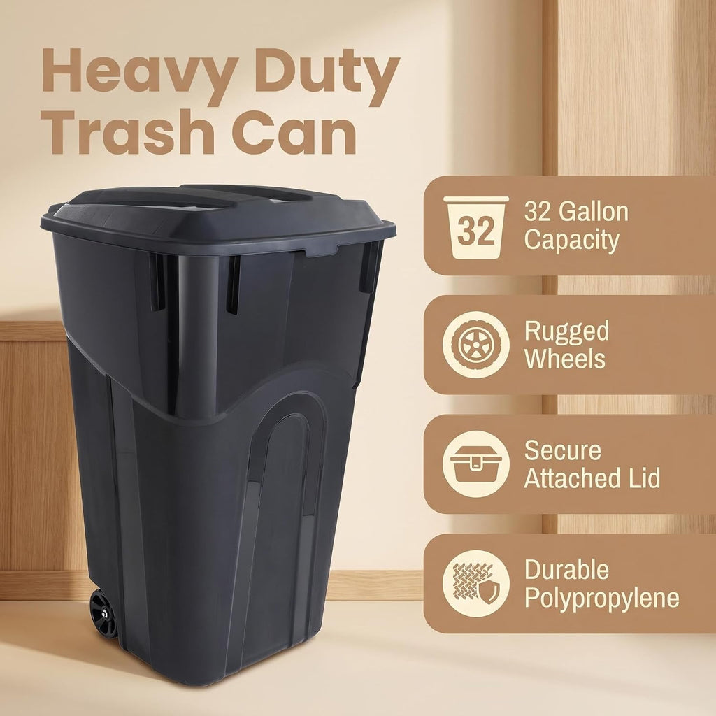 32 Gallon Wheeled Trash Can Heavy Duty Garbage Bin Attached Lid Black | Bottom Grip Handle;Easy Tilt & Dump