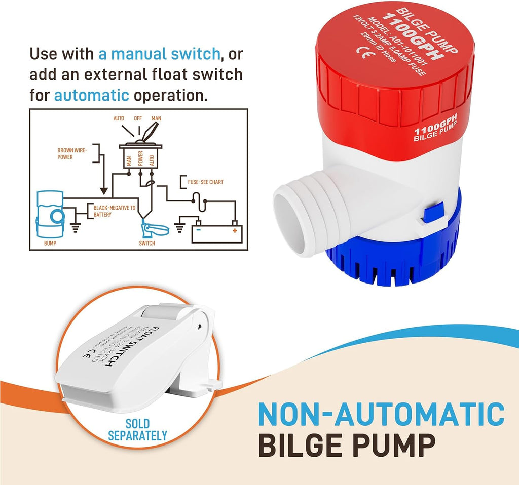 Sanuke 1100GPH Bilge Pump 12V for Boats, 1-1/8" Outlet, Non-Automatic Pump