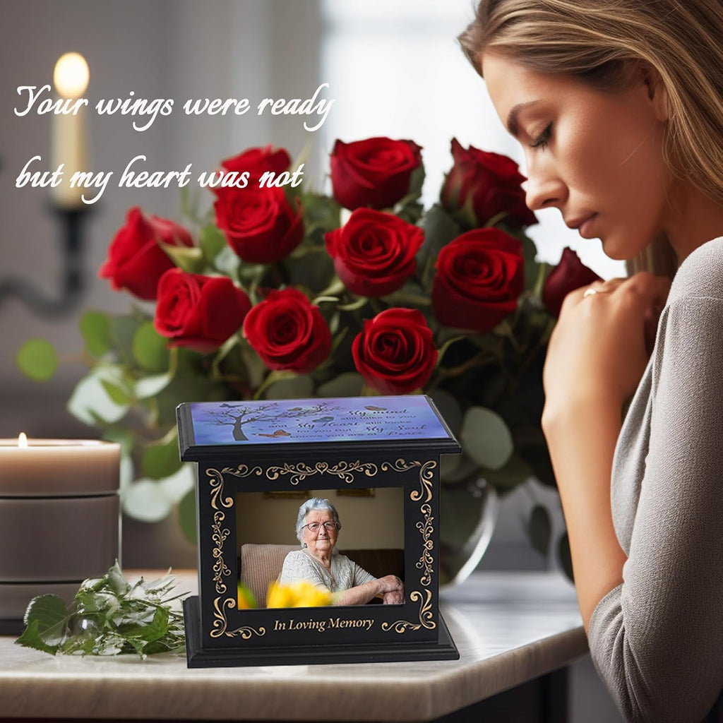 Wooden Urn Box for Ashes Cremation Urns for Human Ashes Adult Male or Female, Memorial Keepsake Urns with Photo
