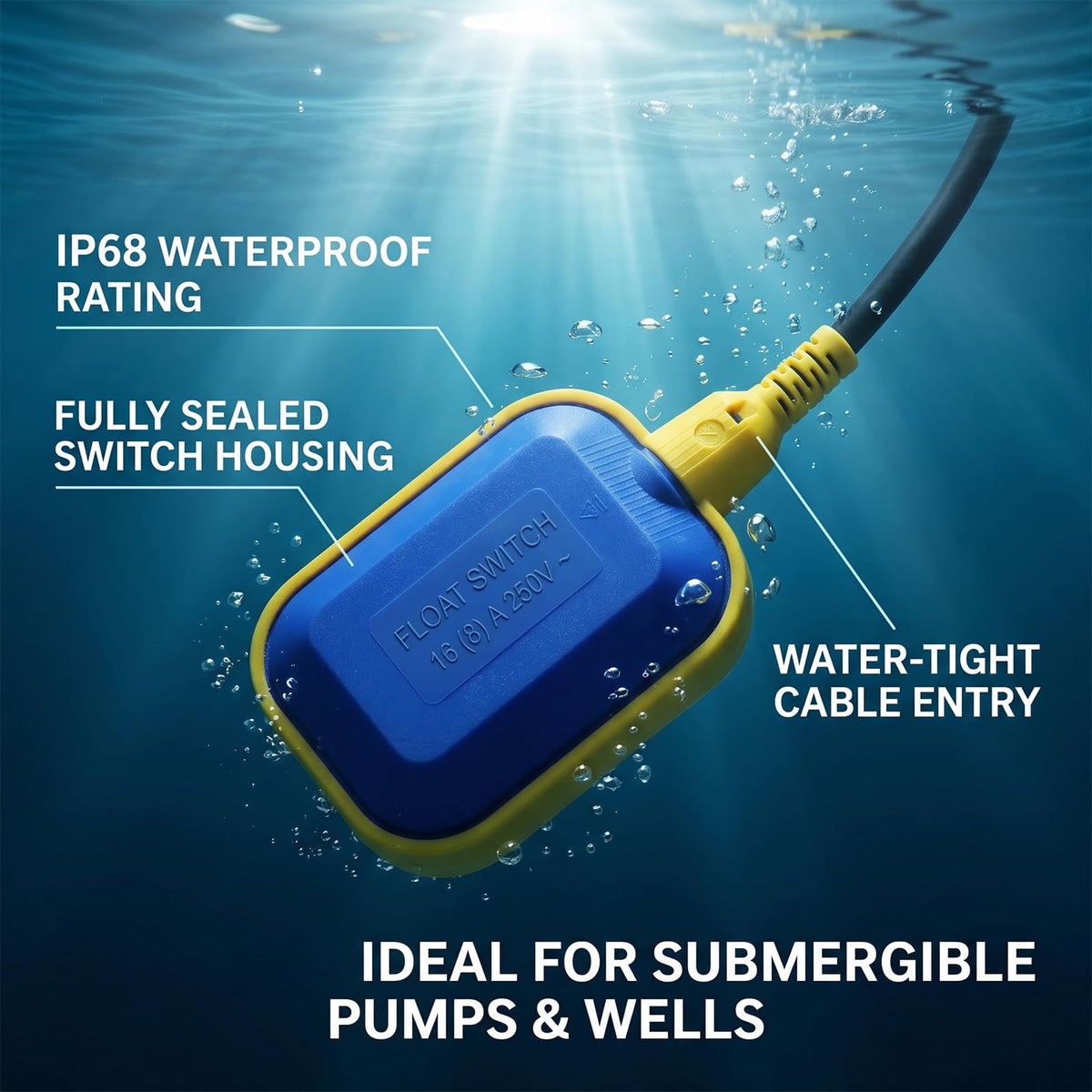 Mamfous Float Switch, 220V 16A Waterproof Tethered Float Switch & Liquid Level Controller with Cable for Water Tank, Sump Pump, Septic Tank, Pool, Pond, Aquarium(9.84ft(3M))