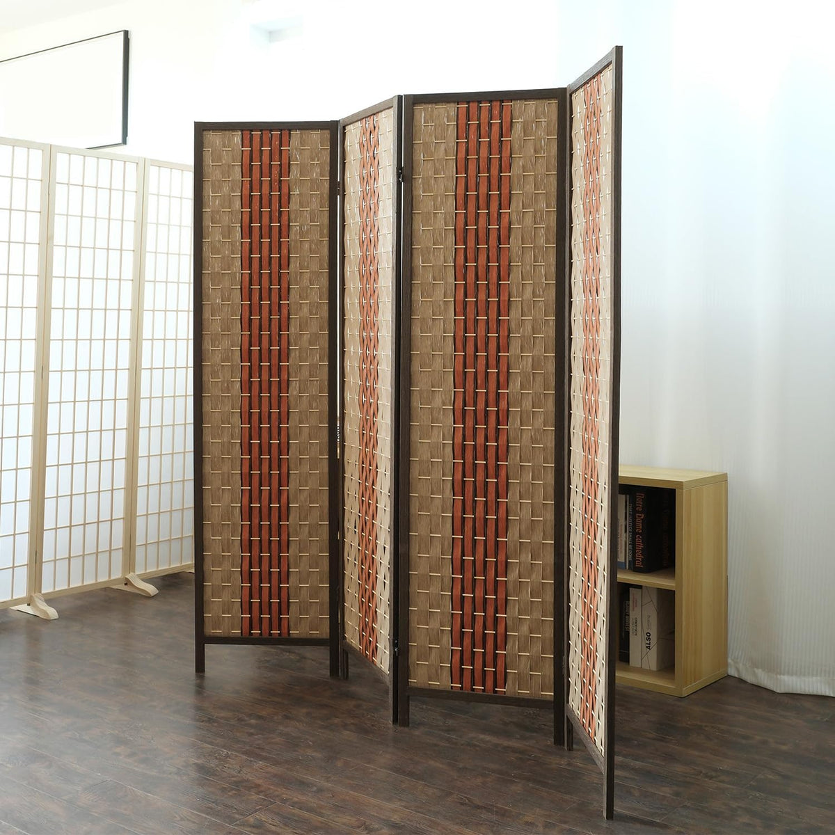 Furnnylane 4 Panel Rattan Room Divider, Beige Orange Folding Privacy Screen